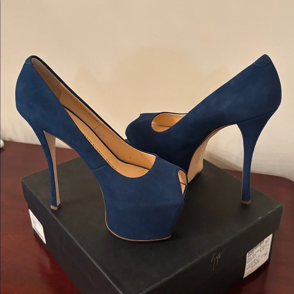 Giuseppe Zanotti Suede Leather Blue Stiletto Liza 90 Open Toe Platform Pump 7.5